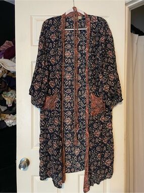 Cost Plus World Market Navy Floral Duster with Rust Accents